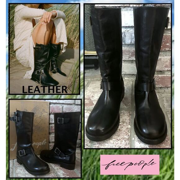 Free People Black Leather Two Buckle Ride Or Die Engineer Boots Size 8.5298 - Picture 1 of 8